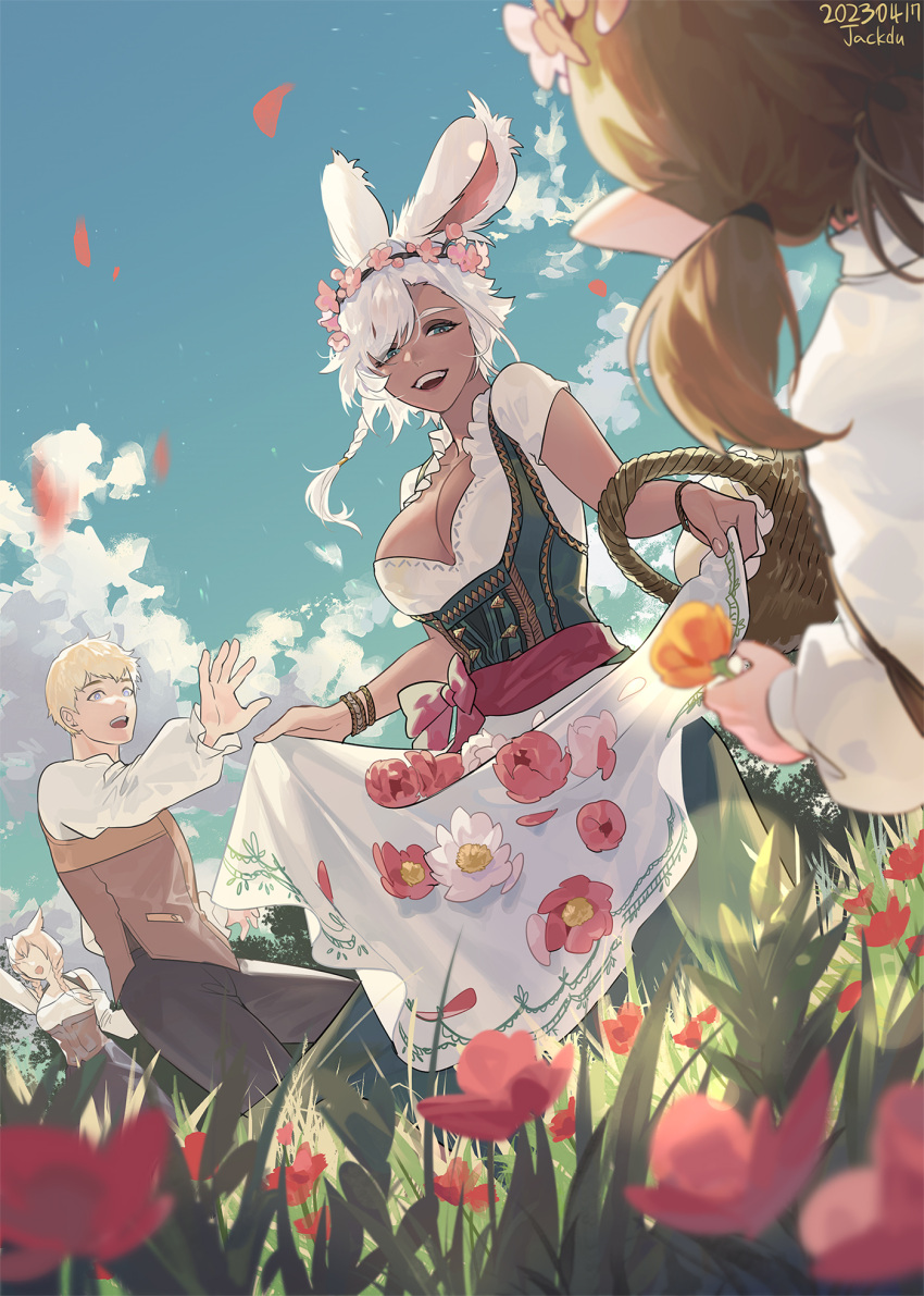 1boy 3girls animal_ears apron blonde_hair blurry blurry_foreground bow braid breasts byuub cat_ears cleavage dated day dirndl dutch_angle final_fantasy final_fantasy_xiv flower german_clothes grass height_difference highres hyur lalafell large_breasts long_hair long_sleeves looking_at_another miqo'te multiple_girls open_mouth outdoors pants parted_bangs plunging_neckline pointy_ears rabbit_ears shirt short_hair short_sleeves side_braid single_braid smile standing tan twin_braids vest viera waist_apron warrior_of_light_(ff14) white_hair