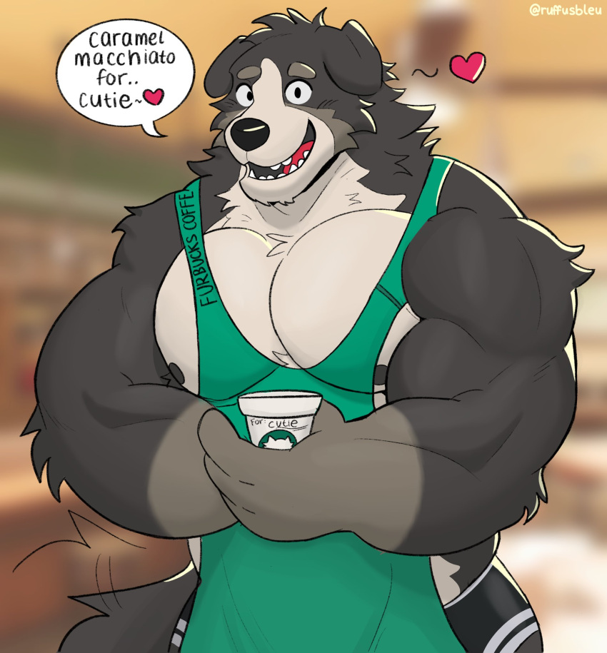 anthro apron black_body black_fur canid canine canis clothing countershade_face countershade_fur countershade_torso countershading domestic_dog english_text eyebrows fingers floppy_ears fur green_apron hi_res holding_object male mammal muscular muscular_anthro muscular_male open_mouth open_smile pecs ruffusbleu smile solo tail text