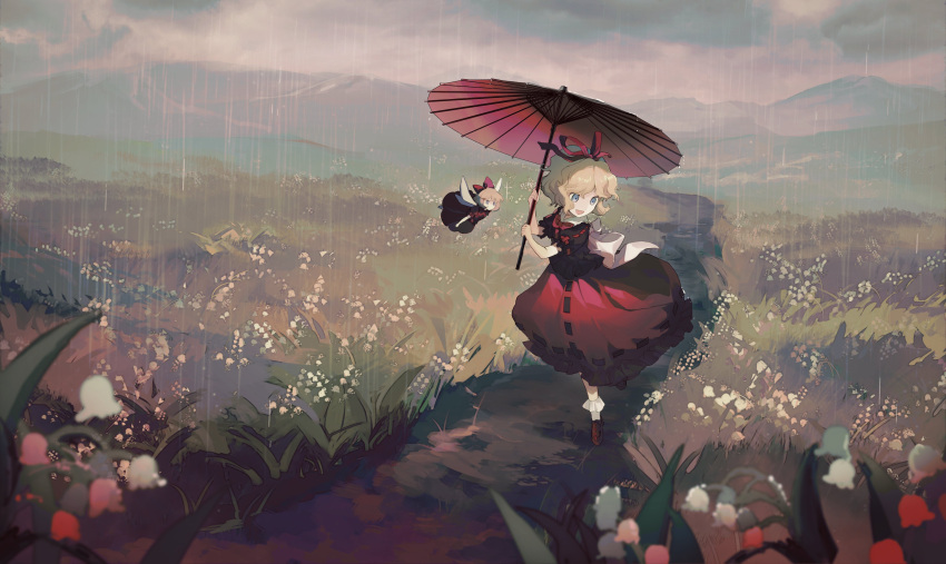 2girls absurdres black_shirt blonde_hair blue_eyes brown_footwear flower full_body hair_ribbon highres holding holding_umbrella lily_of_the_valley medicine_melancholy multiple_girls oito_(bowstringsmall) outdoors rain red_ribbon red_skirt ribbon second-party_source shirt shoes short_hair short_sleeves skirt socks su-san touhou umbrella white_flower white_socks