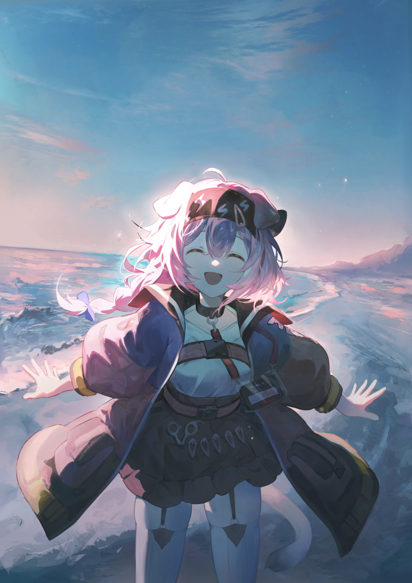 1girl :d ^_^ ahoge arknights beach black_bow black_collar black_hairband black_skirt blue_bow blue_jacket blue_sky bow braid buckle closed_eyes collar evening facing_viewer garter_straps goldenglow_(arknights) greypidjun hair_between_eyes hair_bow hair_ornament hairband hairclip happy high-waist_skirt highres id_card jacket lanyard long_hair long_sleeves multicolored_clothes multicolored_jacket open_clothes open_jacket open_mouth outdoors pink_hair pink_jacket print_hairband sand scissors shirt shirt_tucked_in skirt sky smile solo star_(sky) starry_sky thighhighs two-tone_jacket water waves white_shirt white_thighhighs