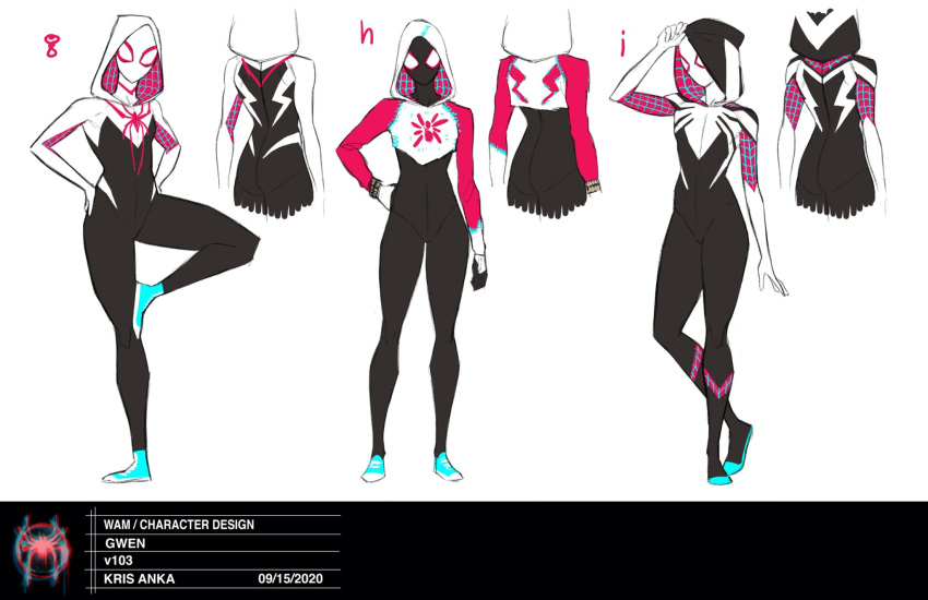 1girl alternate_color alternate_costume aqua_footwear black_bodysuit bodysuit concept_art full_body gwen_stacy highres hood hooded_bodysuit kris_anka looking_at_viewer marvel official_art print_bodysuit reference_sheet simple_background skin_tight spider-gwen spider-man:_across_the_spider-verse spider-man_(series) spider_web_print standing superhero two-tone_bodysuit white_bodysuit