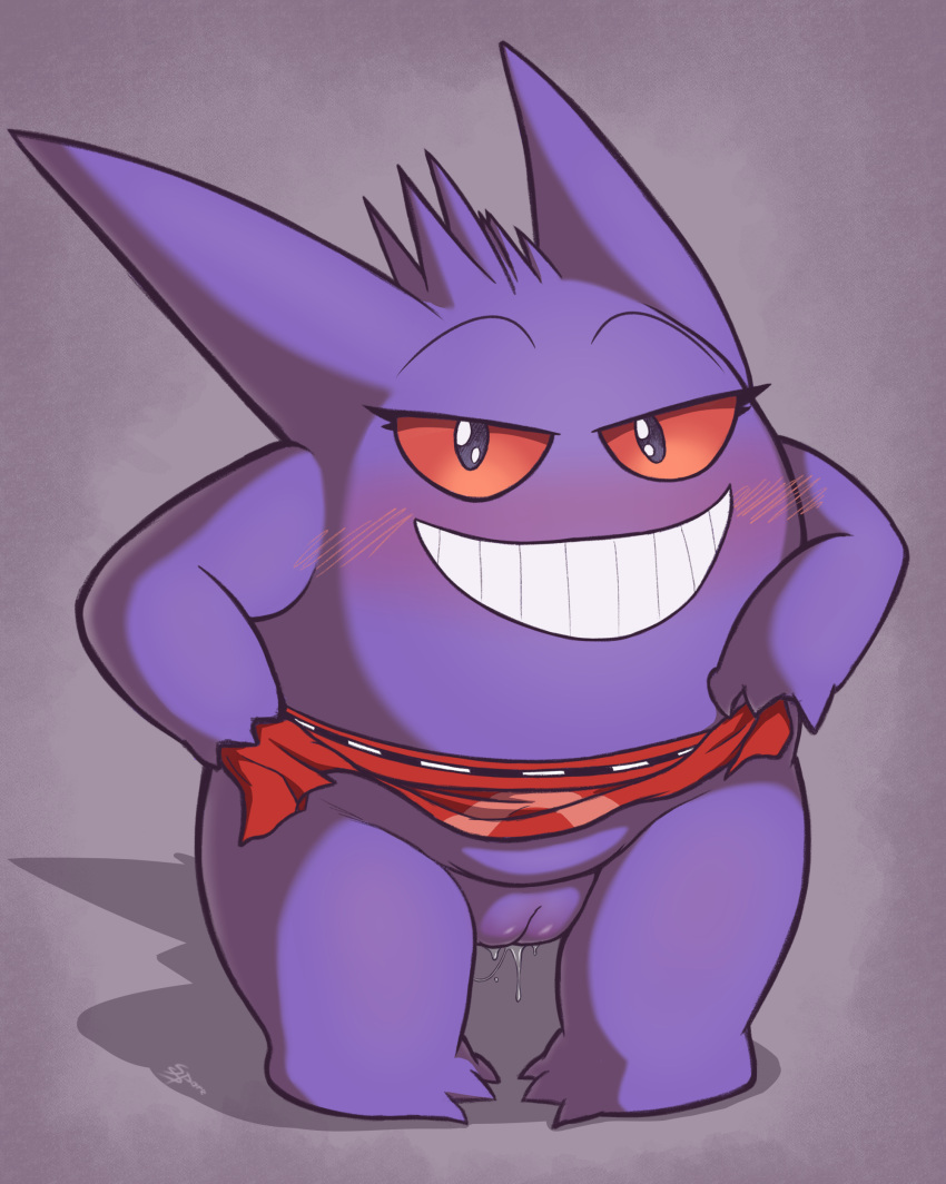 absurd_res apron apron_only blush bodily_fluids clothed clothing digital_media_(artwork) female feral generation_1_pokemon gengar genital_fluids genitals ghost hi_res looking_at_viewer mostly_nude nintendo pokemon pokemon_(species) pussy pussy_juice simple_background smile solo spirit sspore teeth