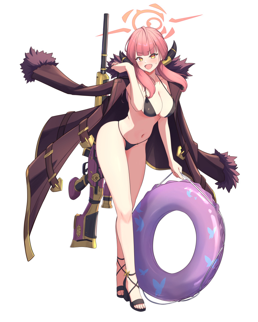 1girl aru_(blue_archive) bikini black_bikini blue_archive blunt_bangs breasts cleavage coat cocoablue23 full_body fur-trimmed_coat fur_trim gun halo high_heels highres holding holding_gun holding_innertube holding_strap holding_weapon horns innertube large_breasts leaning_forward long_hair mole mole_on_breast navel open_mouth pink_hair rifle simple_background sniper_rifle stomach strap swimsuit thighs v-shaped_eyebrows weapon white_background yellow_eyes