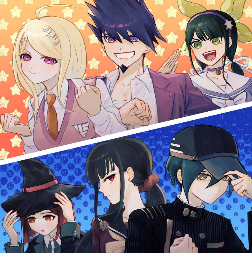 2boys 4girls absurdres ahoge akamatsu_kaede black_headwear black_jacket black_sailor_collar blonde_hair bow bowtie breasts buttons chabashira_tenko choker clenched_hand clenched_hands collarbone collared_shirt danganronpa_(series) danganronpa_v3:_killing_harmony double-breasted facial_hair goatee green_hairband grin hair_ornament hair_ribbon hair_scrunchie hairband hand_up harukawa_maki hat hayate0622 highres jacket large_breasts long_hair mole mole_under_eye momota_kaito multiple_boys multiple_girls musical_note musical_note_hair_ornament orange_background pink_choker pink_eyes pink_hairband pink_jacket pink_vest red_eyes red_hair red_scrunchie red_shirt ribbon saihara_shuuichi sailor_collar scrunchie shirt short_hair smile spiked_hair star_(symbol) star_hair_ornament striped striped_jacket teeth twintails upper_body vest white_bow white_bowtie white_ribbon white_shirt witch_hat yumeno_himiko