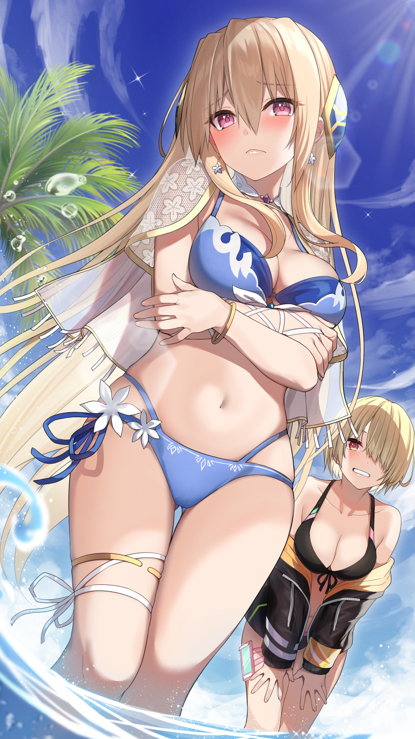 2girls absurdres bikini black_bikini black_jacket blonde_hair blue_bikini blue_sky breasts cape coconut_tree go-1 hair_over_one_eye heaven_burns_red highres jacket kayamori_ruka large_breasts long_hair multiple_girls ocean outdoors palm_tree red_eyes shirakawa_yuina sky solo_focus swimsuit thigh_strap tree