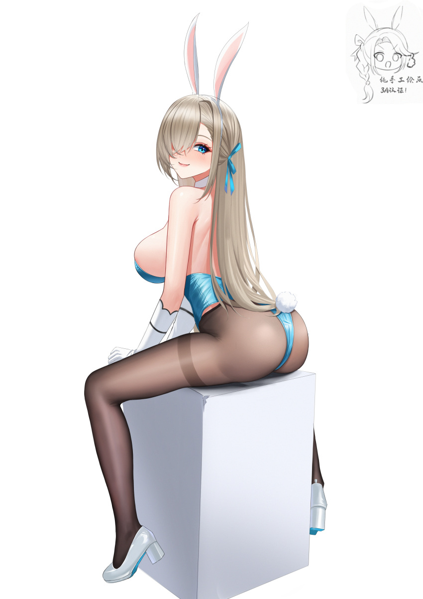 1girl absurdres animal_ears ass asuna_(blue_archive) asuna_(bunny)_(blue_archive) bare_shoulders blue_archive blue_bow blue_eyes blue_leotard blush bow breasts brown_pantyhose commentary_request detached_collar fake_animal_ears fake_tail gloves hair_bow hair_over_one_eye high_heels highres large_breasts leotard light_brown_hair long_hair looking_at_viewer nanqizizhou one_eye_covered pantyhose playboy_bunny rabbit_ears rabbit_tail simple_background sitting smile solo strapless strapless_leotard swept_bangs tail thighband_pantyhose white_background white_footwear white_gloves