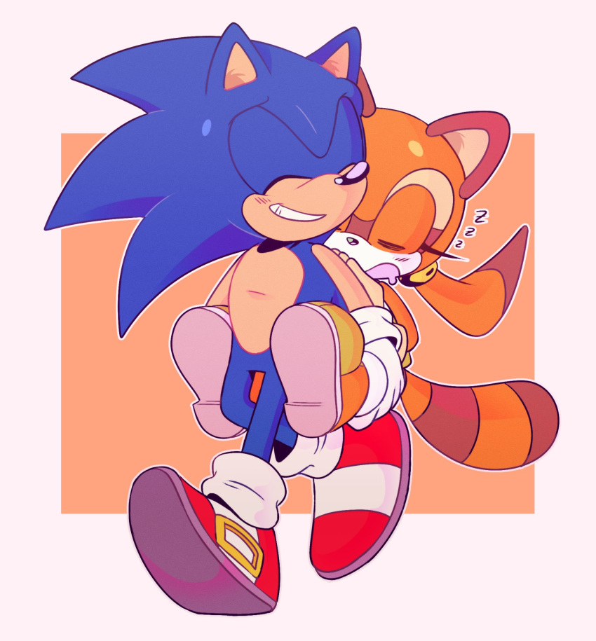 1boy 1girl blue_fur brown_fur carrying closed_eyes gloves highres marine_the_raccoon nap piggyback raccoon_girl red_footwear saliva simple_background sleeping smile sonic_(series) sonic_rush sonic_rush_adventure sonic_the_hedgehog stellarspin