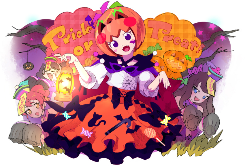 4girls :d bat_(animal) black_bow blue_eyes blush bow brown_hair candy commentary_request fang food gaaruru_(pripara) halloween halloween_costume hands_up hat holding holding_lantern idol_clothes jack-o'-lantern jiangshi_costume kurosu_aroma lantern lollipop long_hair long_sleeves looking_at_viewer moudoku_(decopon3rd) multiple_girls ofuda ofuda_on_head open_mouth orange_headwear orange_skirt peeking_out ponytail pretty_(series) pripara puffy_sleeves pumpkin_hat qing_guanmao ran-tan_(pripara) red_hair shiratama_mikan shirt skirt sleeves_past_fingers sleeves_past_wrists smile solo_focus swirl_lollipop trick_or_treat white_shirt yellow_eyes