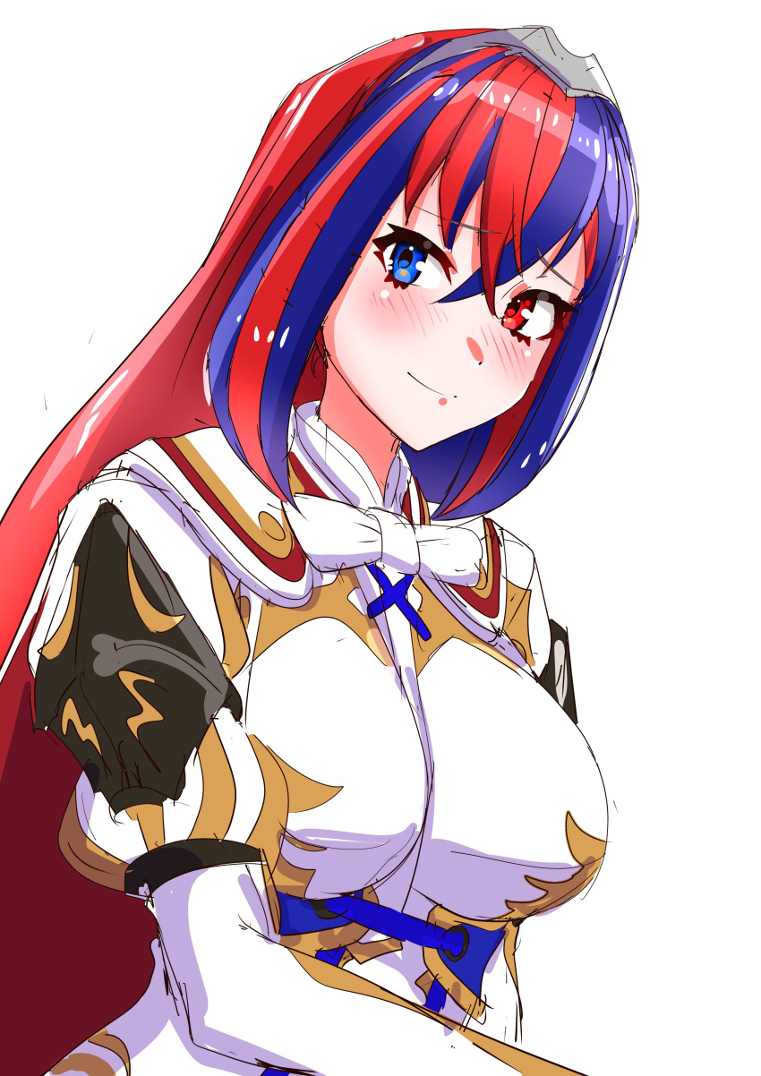 1girl absurdres alear_(female)_(fire_emblem) alear_(fire_emblem) blue_eyes blue_hair blush crossed_bangs fire_emblem fire_emblem_engage hair_between_eyes heterochromia highres long_hair long_sleeves looking_at_viewer multicolored_hair red_eyes red_hair ribbon solo split-color_hair tiara to_(tototo_tk) two-tone_hair white_background