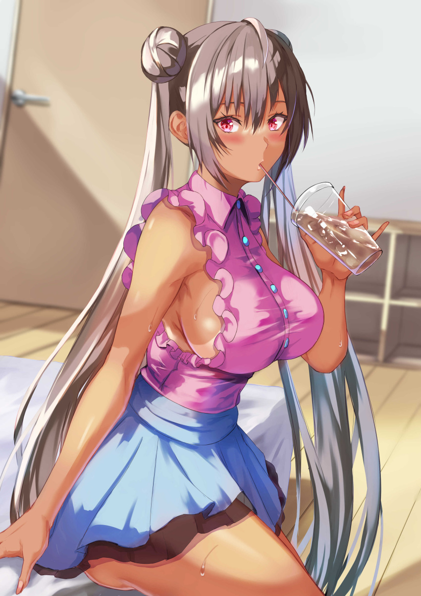 1girl absurdres bikini_tan blue_skirt blurry blurry_background blush breasts brown_hair commentary_request cup disposable_cup door double_bun dress_shirt drinking drinking_straw hair_between_eyes hair_bun hand_up highres holding holding_cup indoors large_breasts layered_skirt long_hair looking_at_viewer on_bed original pink_eyes pink_shirt shirt sideboob sitting skirt sleeveless sleeveless_shirt solo sweat tan tanlines uchida_shou very_long_hair