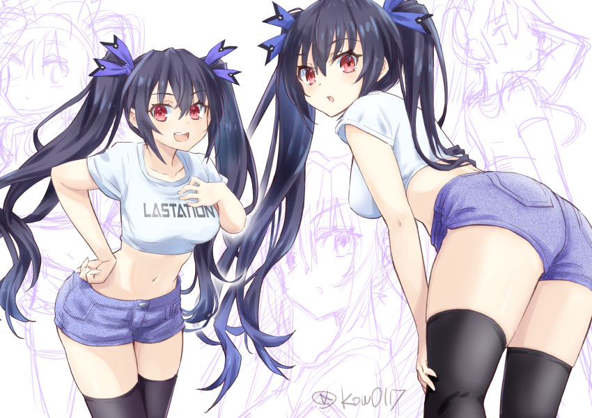 1girl absurdres alternate_costume black_hair black_thighhighs breasts casual choker commission denim denim_shorts hair_ornament hand_on_own_hip highres kow0117 long_hair looking_at_viewer medium_breasts multiple_girls multiple_views navel neptune_(neptune_series) neptune_(series) noire_(neptune_series) pixiv_commission purple_eyes purple_hair red_eyes short_hair shorts skindentation smile thighhighs twintails twitter_username