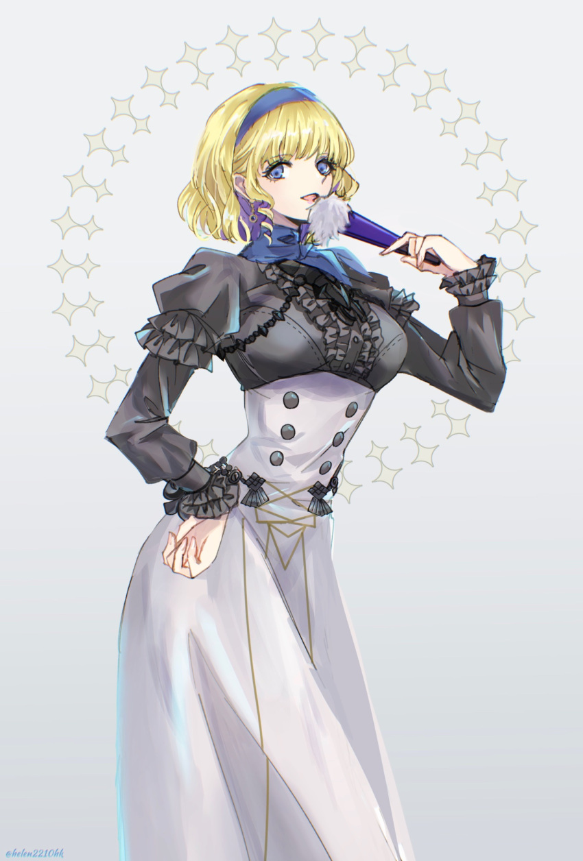 1girl artist_name blonde_hair blue_eyes blue_scarf buttons colored_inner_hair constance_von_nuvelle drill_hair drill_sidelocks earrings fire_emblem fire_emblem:_three_houses frilled_sleeves frills garreg_mach_monastery_uniform grey_background hand_fan hand_on_own_hip headband helen_(helen2210hk) highres holding holding_fan jewelry looking_at_viewer multicolored_hair open_mouth paper_fan purple_hair scarf short_hair sidelocks solo star_(symbol) two-tone_hair