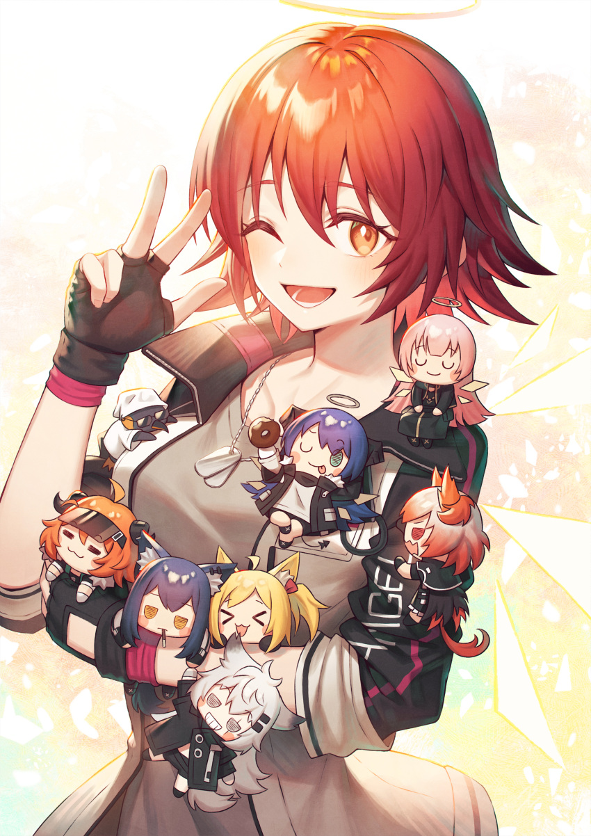 &gt;_&lt; absurdres ahoge animal_ears arknights black_dress blonde_hair blue_hair chibi collarbone croissant_(arknights) dog_tags doughnut dress energy_wings exusiai_(arknights) fiammetta_(arknights) fingerless_gloves food gloves green_eyes grey_eyes grey_shirt halo highres horns jacket jewelry lappland_(arknights) lemuen_(arknights) light_rays mostima_(arknights) multiple_girls necklace open_clothes open_jacket open_mouth orange_hair penguin_logistics_(arknights) red_hair shirt sho_(sumika) short_hair simple_background sora_(arknights) tail texas_(arknights) the_emperor_(arknights) v wings wolf_ears