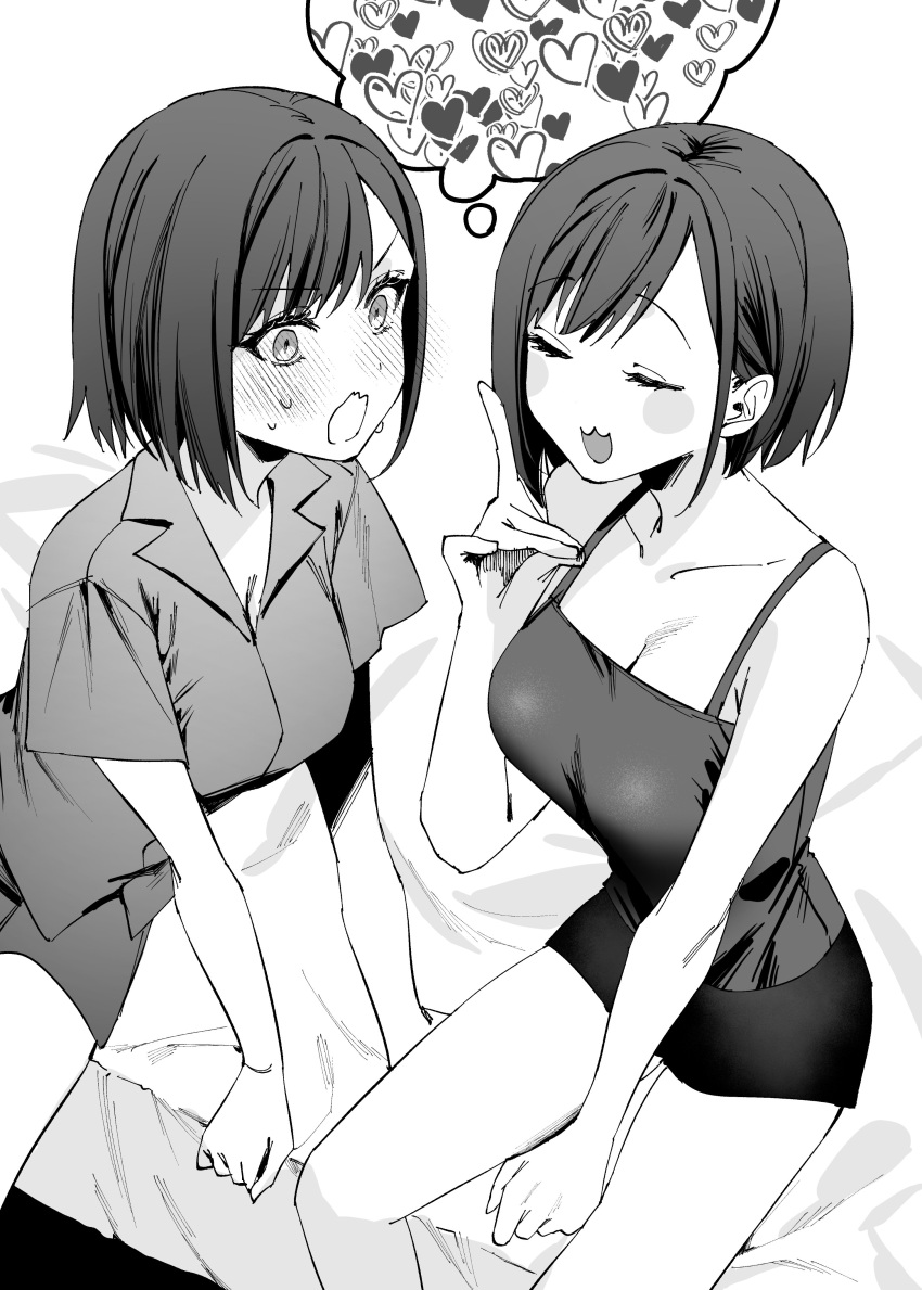 2girls :3 absurdres arm_support bare_shoulders blush breasts camisole chigusa_minori cleavage collarbone collared_shirt commentary_request dress_shirt futago_matomete_kanojo_ni_shinai? good_twins_day greyscale heart highres index_finger_raised large_breasts looking_at_another monochrome multiple_girls nervous_sweating open_mouth shirt short_hair shorts sitting smile sweat usami_chikage usami_hikari