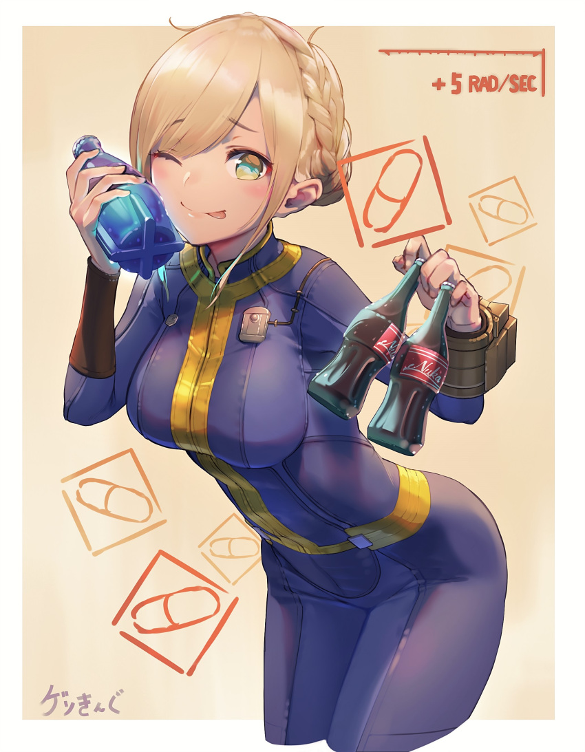 1girl absurdres blonde_hair blue_jumpsuit bottle braid english_text fallout_(series) fallout_4 gesoking highres holding holding_bottle jumpsuit nuka_cola one_eye_closed pip_boy signature solo thick_thighs thighs tongue tongue_out yellow_eyes