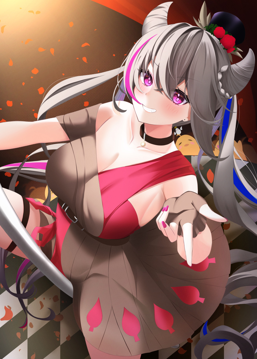 1girl absurdly_long_hair absurdres azur_lane black_choker black_gloves blue_hair breasts brown_dress checkered_floor choker cleavage dress elegant_(sumisumi4268) fingerless_gloves from_above gloves grey_hair hair_horns hat highres large_breasts long_hair looking_at_viewer manjuu_(azur_lane) mini_hat multicolored_hair nail_polish official_alternate_costume pole_dancing purple_eyes purple_hair purple_nails red_dress san_francisco_(azur_lane) san_francisco_(it's_showtime!)_(azur_lane) smile solo two-tone_dress very_long_hair