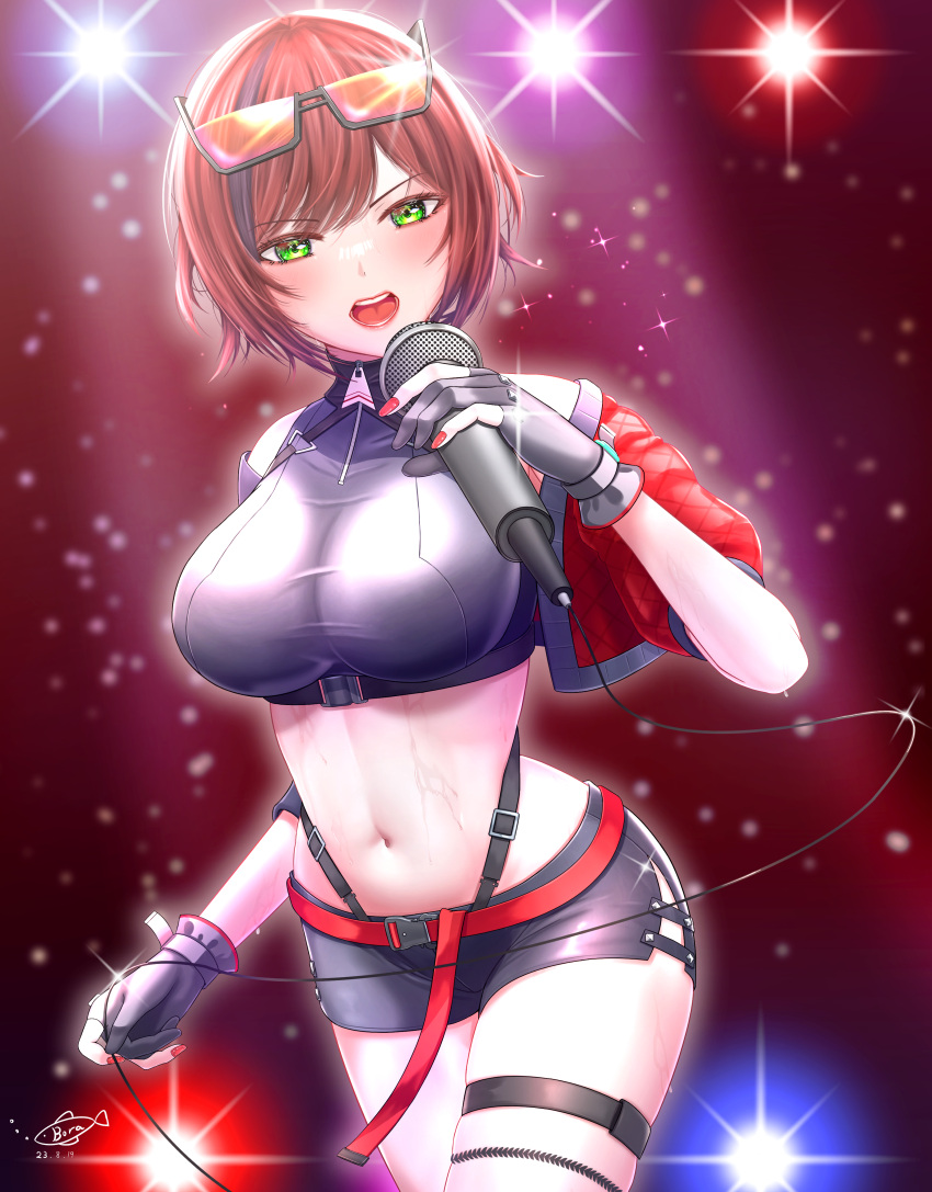 1girl absurdres aogiri_koukou artist_logo belt breasts crop_top cropped_jacket dated eyewear_on_head gloves green_eyes grey_gloves highres holding holding_microphone ishikari_akari jacket large_breasts lights microphone midriff navel open_clothes open_jacket open_mouth partially_fingerless_gloves pauy-1105-1-syoumei red_belt red_hair red_jacket red_nails shirt short_hair short_shorts shorts sweat taut_clothes taut_shirt thigh_strap thighs virtual_youtuber