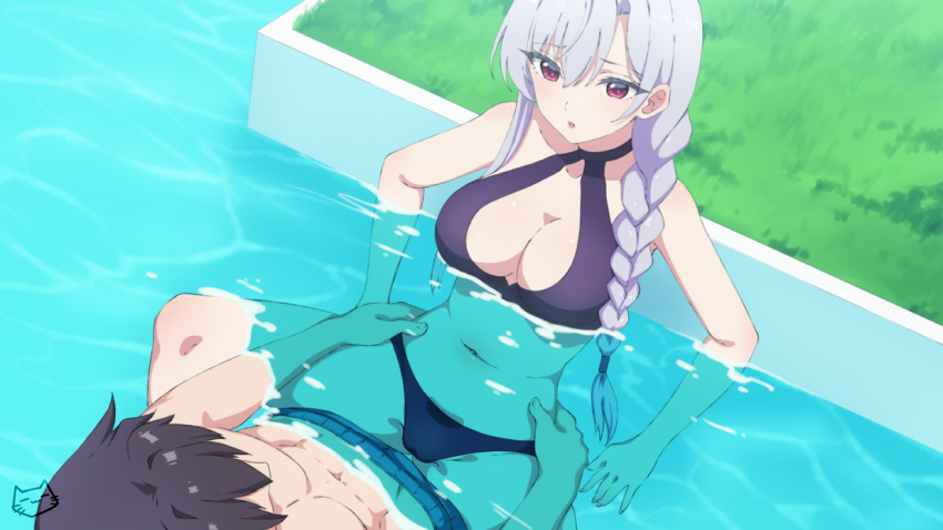 1boy 1girl aijou_rentarou bikini blue_bikini braid breasts cleavage_cutout clothing_cutout eiai_nano faceless faceless_male grass hair_over_shoulder halterneck keihh kimi_no_koto_ga_dai_dai_dai_dai_daisuki_na_100-nin_no_kanojo long_hair looking_at_another medium_breasts navel paid_reward_available parted_lips partially_submerged poolside red_eyes signature swimsuit topless_male torso_grab water white_hair