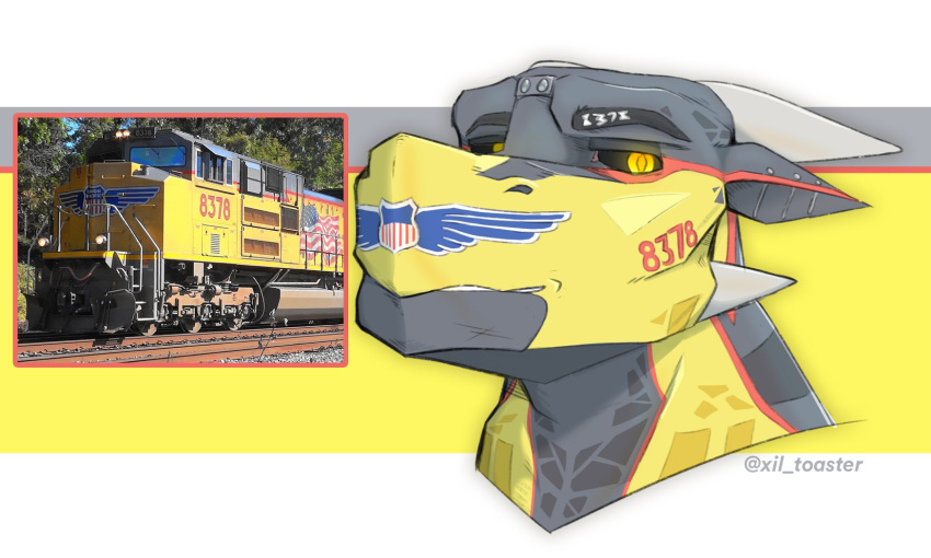 bnsf dragon electro-motive-diesel emd_sd70 grey_markings hi_res horn how_to_dragon_your_train humanoid hybrid living_machine living_train living_vehicle locomorph locomotive machine male markings number solo train vehicle xil_toaster yellow_body yellow_eyes