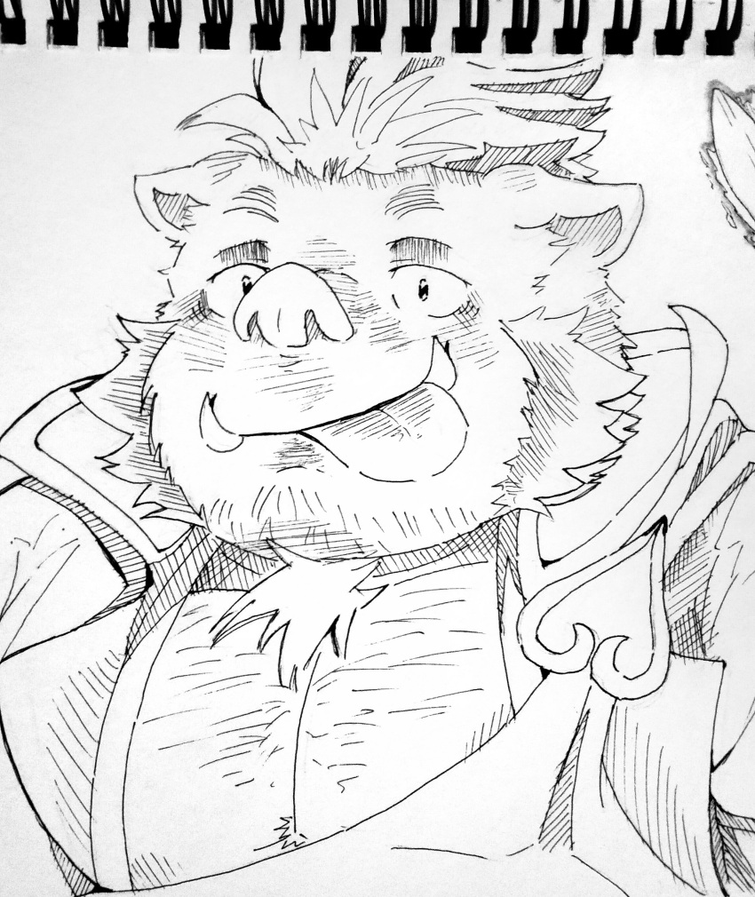 1boy absurdres animal_ears bara blush chest_hair furry furry_male ganglie_(housamo) gezalin_(ezvany2) goatee_stubble graphite_(medium) greyscale highres large_pectorals male_focus monochrome mutton_chops pectoral_cleavage pectorals photo_(medium) pig_ears pig_nose plump scar scar_on_chin scar_on_face short_hair solo tokyo_afterschool_summoners tongue tongue_out traditional_media tusks upper_body