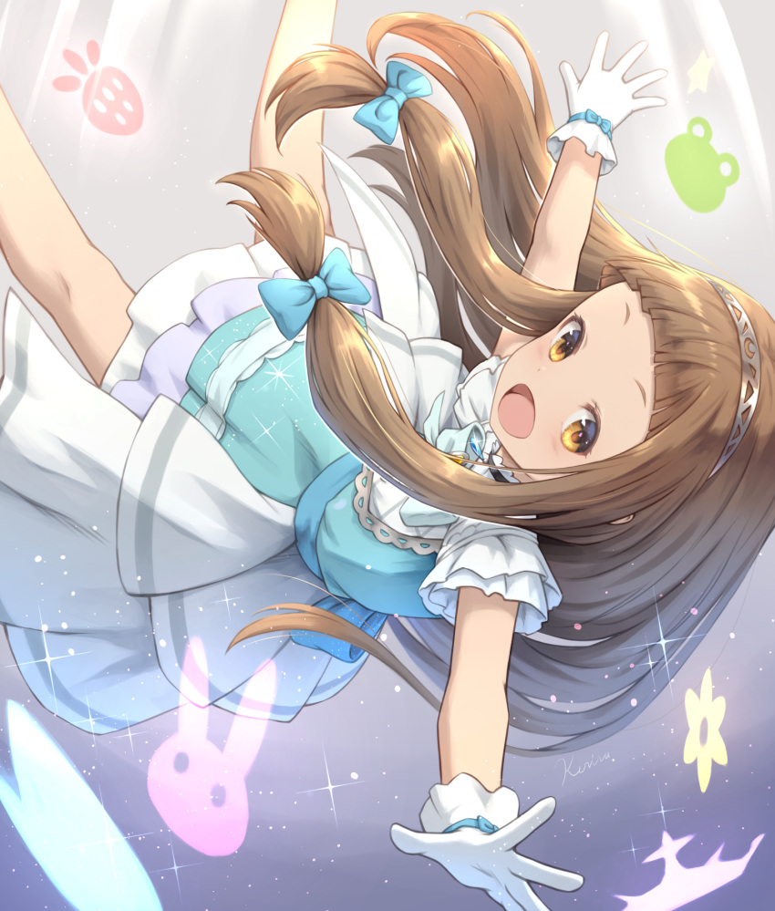 1girl blue_bow blue_dress bow brown_eyes brown_hair child dress female_child gloves hair_bow highres ichihara_nina idolmaster idolmaster_cinderella_girls khell legs long_hair multicolored_clothes multicolored_dress open_mouth signature very_long_hair white_dress white_gloves