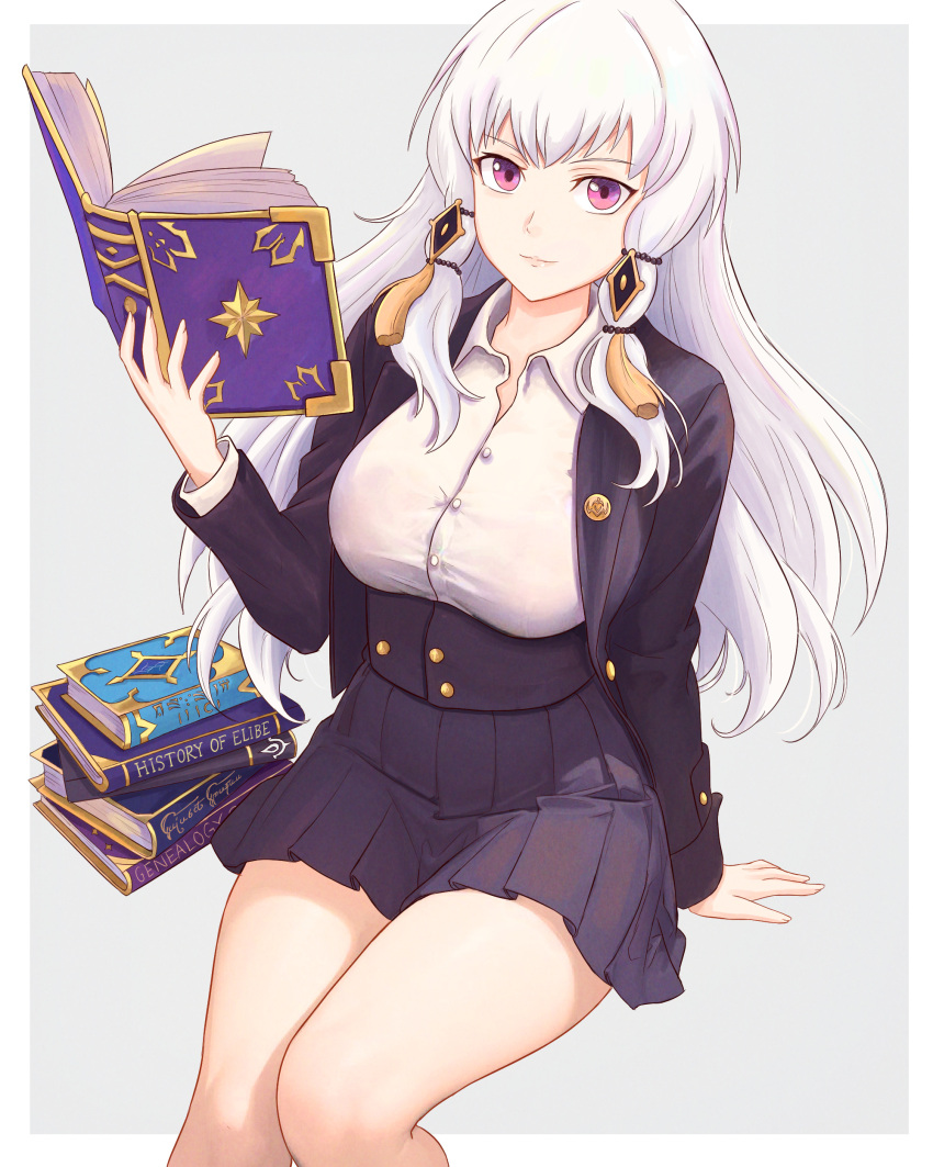 1girl absurdres alternate_costume black_jacket black_skirt book book_stack commentary feet_out_of_frame fire_emblem fire_emblem:_three_houses hand_up highres holding holding_book jacket long_hair long_sleeves looking_at_viewer lysithea_von_ordelia miniskirt pleated_skirt purple_eyes shirt sitting skirt smile solo thighs truejekart very_long_hair white_hair white_shirt