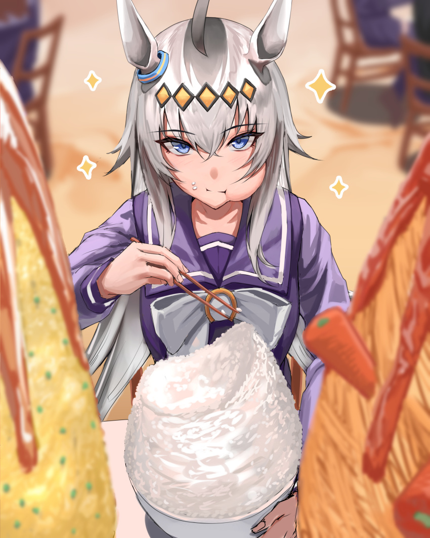 1girl :t ahoge animal_ears blue_eyes blurry blurry_background blurry_foreground bow bowl bowtie chair chopsticks closed_mouth ear_ornament eating fisheye food food_on_face grey_hair hair_between_eyes highres holding holding_chopsticks horse_ears long_hair long_sleeves looking_at_viewer multicolored_hair oguri_cap_(umamusume) on_chair rice rice_bowl school_uniform shirt sitting solo_focus sparkle suwa763 table tracen_school_uniform umamusume upper_body very_long_hair