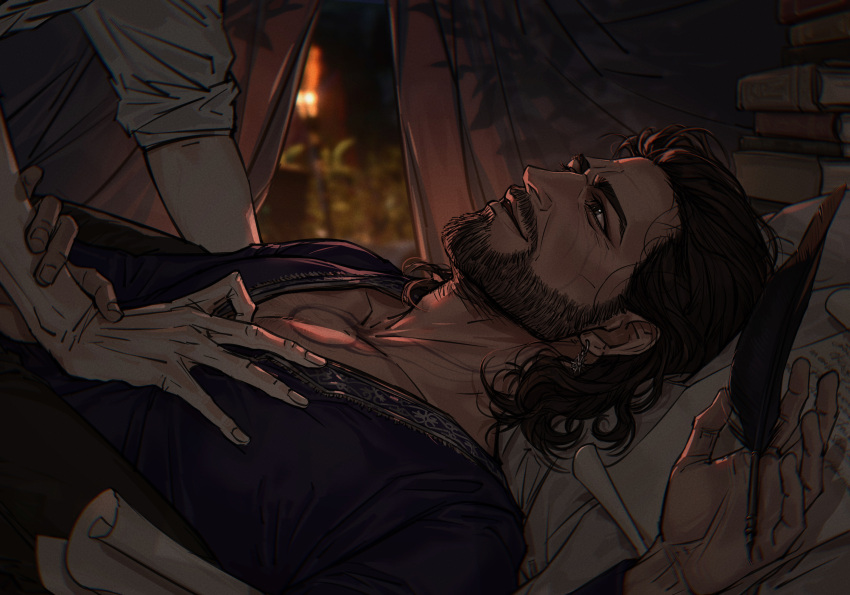 2boys absurdres baldur's_gate baldur's_gate_3 bara beard_stubble brown_hair dungeons_and_dragons fire_light foreplay from_side gale_(baldur's_gate) highres large_pectorals male_focus mature_male medium_hair multiple_boys mustache_stubble nyeigneous on_bed pectoral_cleavage pectorals smile solo_focus thick_eyebrows upper_body yaoi