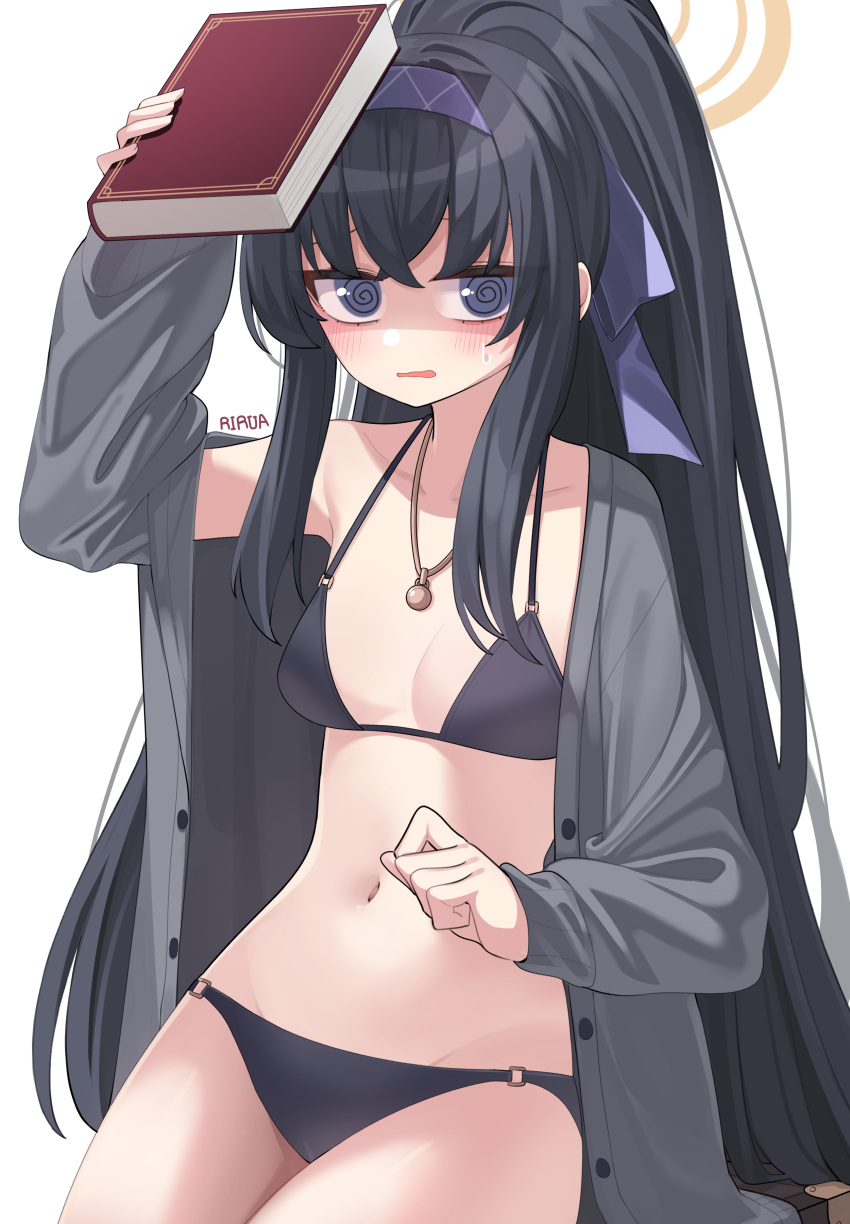 1girl @_@ absurdres arm_up bare_shoulders bikini black_bikini black_hair blue_archive blush book breasts collarbone commentary covering_head crossed_bangs grey_jacket hair_between_eyes hairband halo high_ponytail highres holding holding_book jacket jewelry lira long_hair long_sleeves looking_at_viewer navel necklace o-ring o-ring_bikini official_alternate_costume official_alternate_hairstyle open_clothes open_jacket open_mouth ponytail puffy_long_sleeves puffy_sleeves purple_eyes purple_hairband simple_background single_bare_shoulder single_off_shoulder small_breasts solo stomach sweat swimsuit ui_(blue_archive) ui_(swimsuit)_(blue_archive) upper_body very_long_hair wavy_mouth white_background yellow_halo