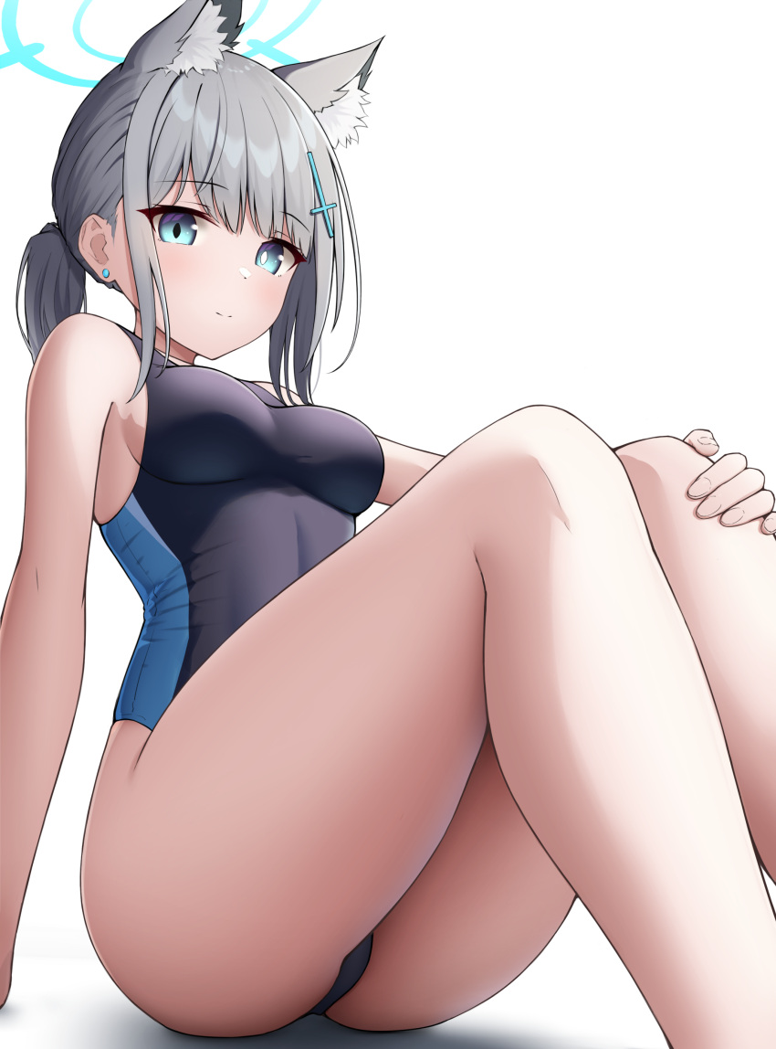 1girl absurdres animal_ear_fluff animal_ears black_one-piece_swimsuit blue_archive blue_eyes blue_halo blush breasts competition_swimsuit cross_hair_ornament extra_ears from_below grey_hair hair_ornament halo highleg highleg_swimsuit highres looking_at_viewer low_ponytail medium_breasts mismatched_pupils multicolored_clothes multicolored_swimsuit official_alternate_costume one-piece_swimsuit shiroko_(blue_archive) shiroko_(swimsuit)_(blue_archive) simple_background sitting solo swimsuit topgear white_background wolf_ears