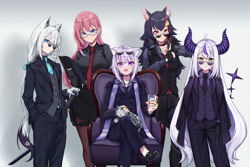 5girls :3 absurdres ahoge animal_ear_fluff animal_ears animal_on_lap belt black_belt black_gloves black_hair black_jacket black_necktie black_pants black_shirt black_skirt black_vest blue_eyes blue_necktie blue_ribbon braid breasts brown_pantyhose buttons cat cat_ears cat_girl cat_on_lap choker closed_mouth collared_shirt commentary crossed_legs cup demon_girl demon_horns dorobo_kensetsu double-parted_bangs earrings eyewear_on_head fingerless_gloves flat_chest fox_ears fox_girl fox_tail glasses gloves grey_background grey_hair grey_shirt gun hair_ornament hair_ribbon hand_in_pocket hand_on_weapon handgun highres holding holding_cup holding_gun holding_weapon hololive holster horns jacket jacket_on_shoulders jewelry katana la+_darknesss lapels large_breasts long_hair looking_at_object looking_at_viewer low_ponytail medium_breasts medium_hair multicolored_hair multiple_girls necktie nekomata_okayu on_chair on_lap ookami_mio open_mouth pants pantyhose pencil_skirt petting pink_hair purple_eyes purple_hair purple_jacket purple_suit red_choker red_eyes red_hair red_necktie ribbon round_eyewear serious shara_(syara_so_ju) sheath sheathed shirakami_fubuki shirt side_braid single_braid sitting skirt skirt_suit slit_pupils standing straight-on streaked_hair striped_horns suit sunglasses sword tail takane_lui thigh_holster very_long_hair vest waistcoat weapon white_gloves wolf_ears wolf_girl