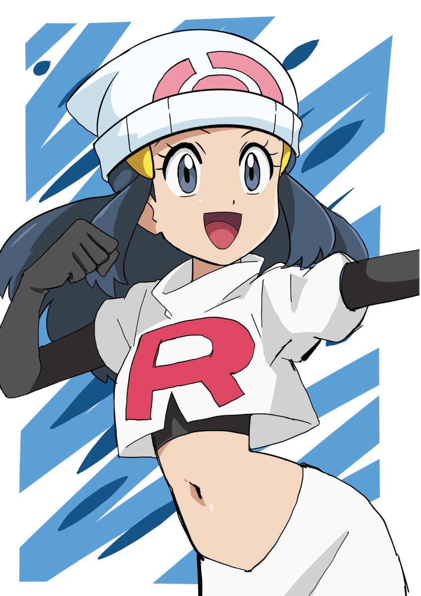 1girl :d absurdres beanie black_gloves black_hair black_shirt clenched_hand commentary_request cosplay cropped_jacket dawn_(pokemon) elbow_gloves eyelashes gloves grey_eyes hainchu hair_ornament hairclip happy hat highres jacket jessie_(pokemon) jessie_(pokemon)_(cosplay) logo long_hair navel open_mouth outstretched_arm pokemon pokemon_(anime) shirt short_sleeves sidelocks skirt smile solo team_rocket team_rocket_uniform tongue white_headwear white_jacket white_skirt