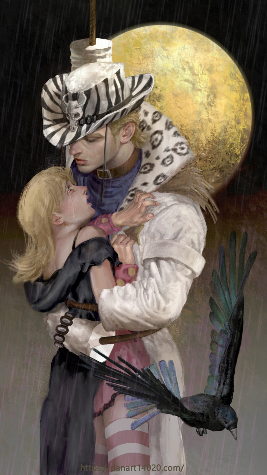 1boy 1girl bird blonde_hair blue_eyes commentary_request cowboy cowboy_hat cowboy_western crying crying_with_eyes_open danart14020 dress gloves hat highres hug jojo_no_kimyou_na_bouken lasso lips looking_at_another lucy_steel medium_hair mountain_tim oh!_lonesome_me_(stand) pink_dress rain realistic stand_(jojo) steel_ball_run striped striped_thighhighs tears thighhighs