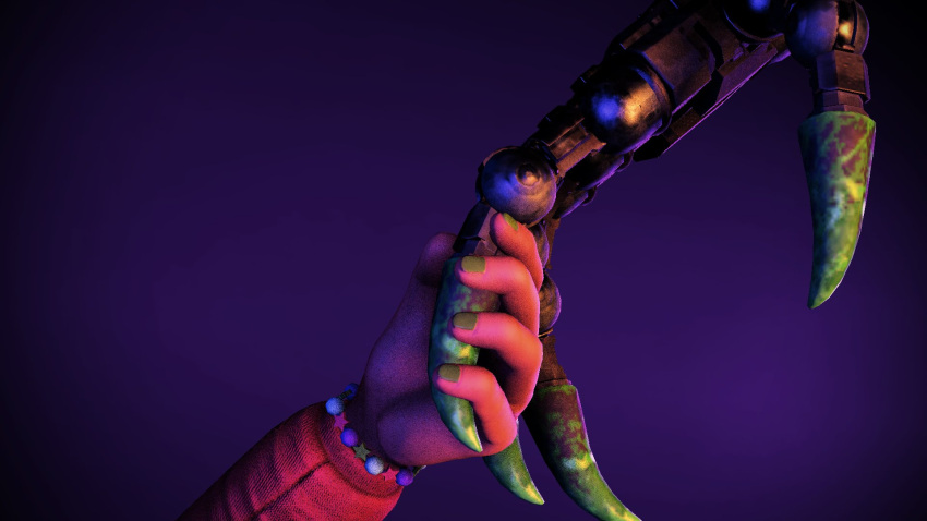 animatronic anthro braclets cassie_(fnaf) claws close-up clothed clothing danecat33 duo female five_nights_at_freddy's five_nights_at_freddy's:_security_breach gradient_background hand_holding hi_res human machine mammal robot roxanne_wolf_(fnaf) scottgames simple_background steel_wool_studios