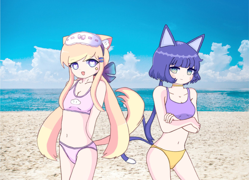 &lt;3 &lt;3_eyes 2_tails accessory animal_humanoid beach bikini bikini_bottom bikini_top blindfold blonde_hair blue_eyes blue_hair breasts cat_humanoid choker clothing crossed_arms cute_fangs duo felid felid_humanoid feline feline_humanoid female gradient_eyes hair hair_accessory hair_ribbon hairclip hi_res humanoid jewelry lado_(merutoro) looking_at_viewer lunime mammal mammal_humanoid mask multi_tail navel necklace open_mouth ponytail ribbons seaside senpaibuns sleep_mask swimwear tail unknown_artist water whiskers