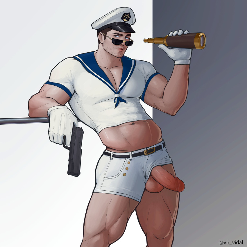 1boy bara black_hair chris_redfield erection facial_hair gloves gun hat highres holding holding_gun holding_weapon large_pectorals looking_at_viewer male_focus muscular muscular_male navel official_alternate_costume pectorals penis resident_evil:_revelations sailor_collar sailor_hat sailor_shirt shirt short_hair shorts solo stubble sunglasses testicles thick_thighs thighs twitter_username vir_vidal weapon white_gloves white_shirt white_shorts