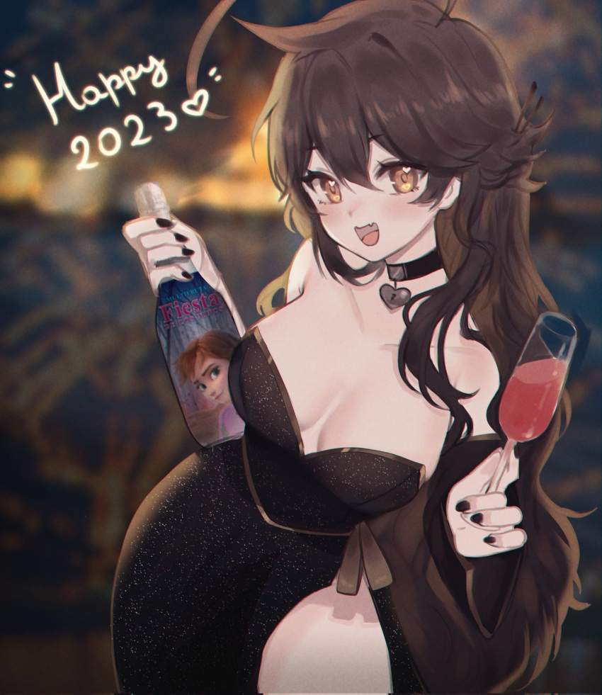 1girl ahoge alcohol bare_shoulders black_dress black_nails breasts breasts_apart brown_eyes brown_hair champagne champagne_flute collarbone cup dress drinking_glass english_text fang glitter_dress hair_between_eyes happy_new_year heart heart-shaped_pupils heart_ahoge highres huge_ahoge large_breasts leaning_to_the_side long_hair looking_at_viewer messy_hair off-shoulder_dress off_shoulder open_mouth original side_slit skin_fang sky_above_me smile solo symbol-shaped_pupils very_long_hair