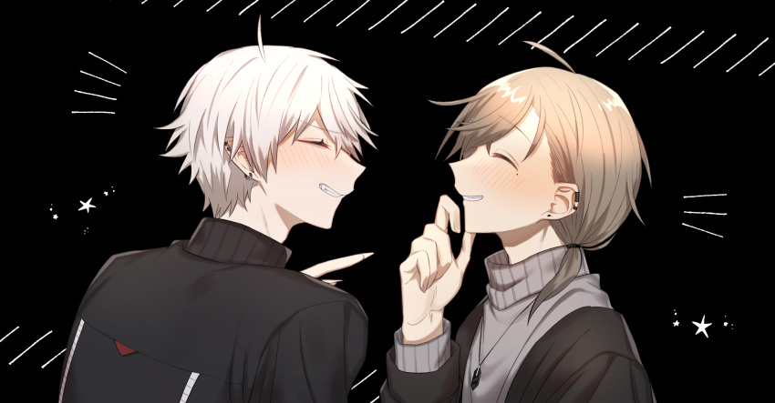 2boys black_background black_jacket brown_cardigan brown_hair cardigan chronoir closed_eyes ear_piercing facing_another grey_sweater highres jacket kanae_(nijisanji) kuzuha_(nijisanji) long_sleeves low_ponytail male_focus medium_hair multiple_boys nijisanji piercing smile sweater toke78v turtleneck turtleneck_sweater virtual_youtuber white_hair