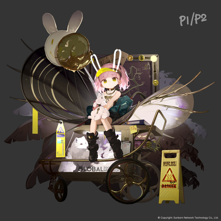 1girl absurdres animal_ears bare_arms bare_shoulders black_footwear blue_jacket boots chinese_commentary closed_mouth commentary_request fake_animal_ears full_body girls'_frontline_neural_cloud gloves highres holding_rabbit jacket pink_hair rabbit rabbit_ears red_gloves shirt short_hair single_glove sitting sleeveless sleeveless_shirt solo taisch_(girls'_frontline_nc) tianliang_duohe_fangdongye twintails visor_cap walkie-talkie white_shirt yellow_eyes
