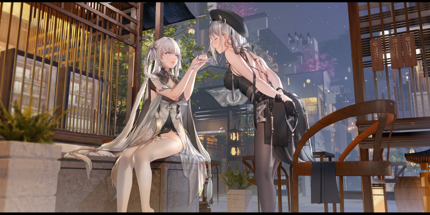 2girls arms_behind_back bare_shoulders barrel black_dress black_headwear blue_eyes bracelet building chair character_request closed_eyes dress gloves grey_dress grey_hair half_gloves highres jewelry leaning_forward long_hair multiple_girls night night_sky outdoors scenery sitting sky standing star_(sky) starry_sky swd3e2 thighhighs tree very_long_hair wuthering_waves