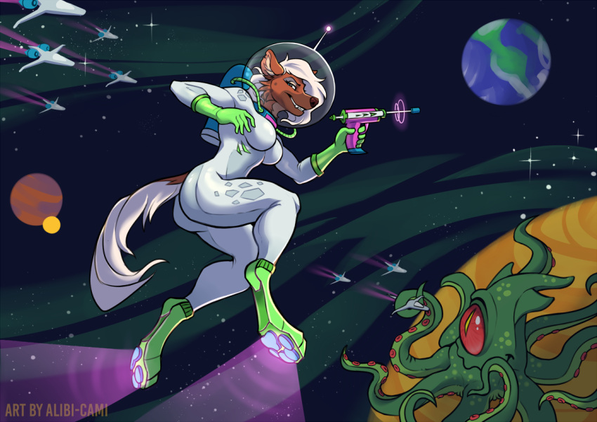 alibi-cami alien ambiguous_gender anthro clothing duo earth female furgonomics gun hyena jouska looking_at_viewer mammal monster planet ranged_weapon red_eyes space spacecraft spacesuit tentacles tight_clothing vehicle weapon