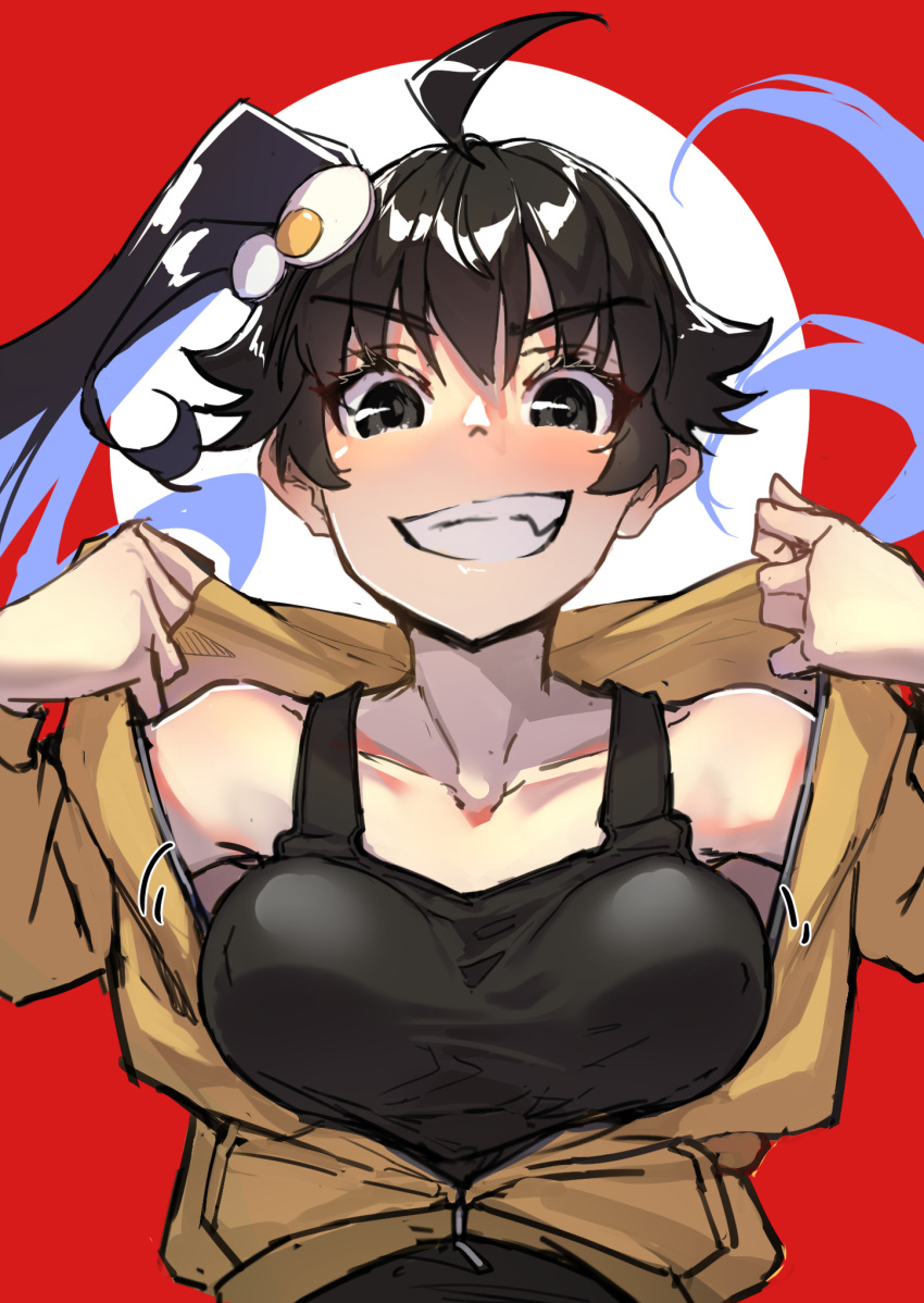 1girl ahoge araragi_karen asymmetrical_hair black_eyes black_hair breasts commentary egg_hair_ornament food-themed_hair_ornament grin hair_ornament highres jacket long_hair looking_at_viewer monogatari_(series) red_background side_ponytail smile solo symbol-only_commentary thomas_(aoakumasan) track_jacket upper_body