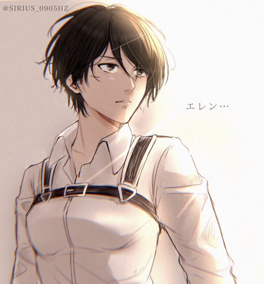 1girl black_eyes black_hair breasts collared_shirt commentary_request highres mikasa_ackerman scar scar_on_cheek scar_on_face shingeki_no_kyojin shirt short_hair sirius_0905hz small_breasts solo translated twitter_username upper_body