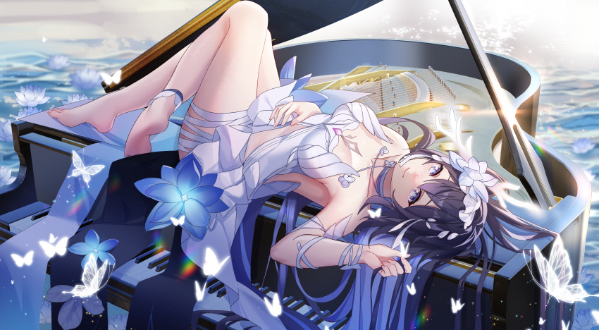 1girl absurdres arm_up bandaged_leg bandages barefoot black_hair blue_eyes blue_flower blue_hair breasts chinese_commentary closed_mouth commentary dress flower flower_on_liquid grand_piano hair_between_eyes hair_flower hair_ornament highres honkai_(series) honkai_impact_3rd instrument lingshalan long_hair lying medium_breasts multicolored_hair on_back piano seele_vollerei seele_vollerei_(herrscher_of_rebirth) smile soles solo two-tone_hair very_long_hair water white_dress white_flower