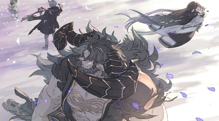 1girl 3boys abs animal_ears bare_pectorals beard black_hair child closed_eyes coat draph erune facial_hair granblue_fantasy grey_hair harvin holding holding_mask horns large_pectorals long_coat long_hair looking_at_another male_child mask minaba_hideo mugen_(granblue_fantasy) multiple_boys muscular muscular_male nehan_(granblue_fantasy) official_art pectorals petals rei_(granblue_fantasy) scarf short_hair torn_clothes