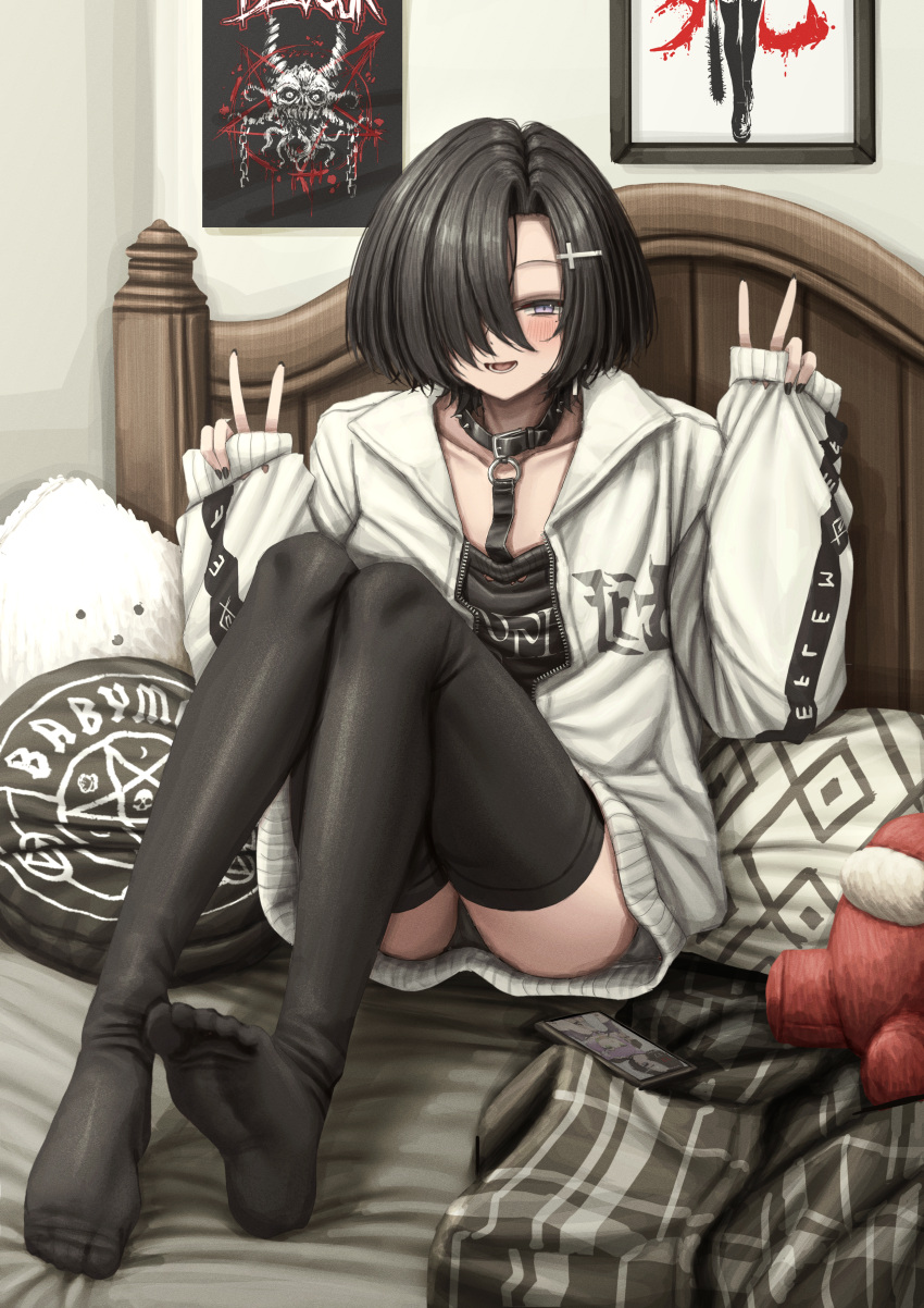 1girl absurdres among_us bed bedroom black_hair black_shirt choker cosplay crewmate_(among_us) crewmate_(among_us)_(cosplay) double_v feet gothic half-closed_eyes hands_up highres indoors itemlabel jacket knees_up legs lobsteranian looking_at_viewer no_shoes on_bed open_mouth original pillow purple_eyes shirt short_hair soles solo sucklet thighhighs toes v white_jacket
