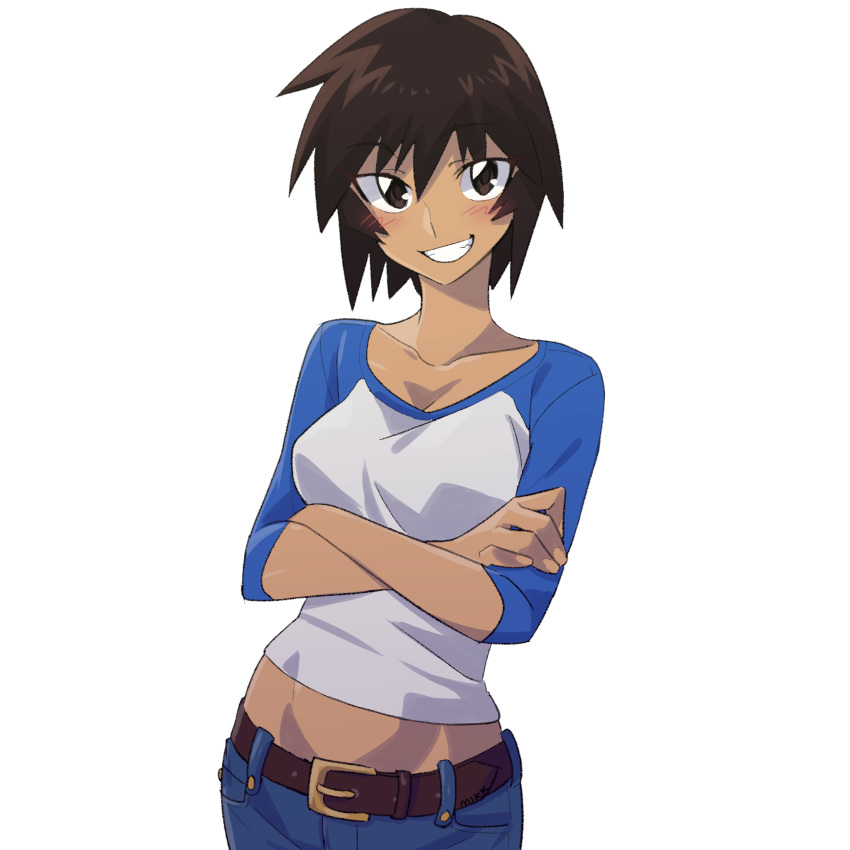 1girl absurdres azumanga_daioh belt belt_buckle blue_pants blue_shirt blush breasts brown_belt brown_eyes brown_hair buckle casual cleavage collarbone commentary crop_top crossed_arms dark-skinned_female dark_skin denim english_commentary grin hair_between_eyes highres jeans kagura_(azumanga_daioh) long_sleeves medium_breasts midriff mikkusushi pants parted_lips raglan_sleeves shirt short_hair simple_background smile solo standing tan tomboy transparent_background upper_body white_shirt