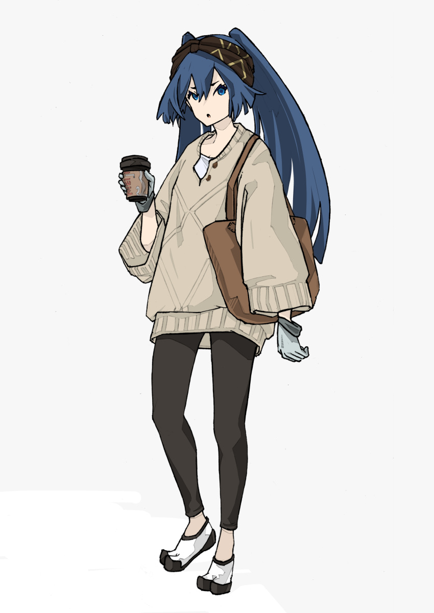 1girl absurdres blue_eyes blue_hair brown_headwear brown_pants carrying_bag cup disposable_cup full_body gloves grey_gloves highres holding holding_cup long_hair long_sleeves monohoshizao_(tenka_hyakken) open_mouth pants sidelocks solo standing sweater tenka_hyakken tote_bag twintails watasi_ch3 white_footwear