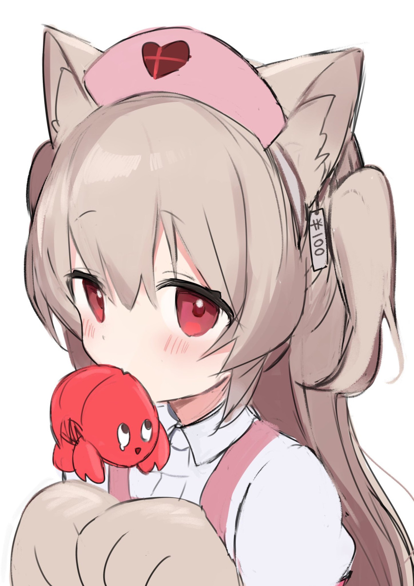 1girl animal_ear_fluff animal_ears animal_hands apron blush cat_ears collared_shirt fang gloves hair_between_eyes hat heart highres indie_virtual_youtuber kemonomimi_mode light_brown_hair long_hair looking_at_viewer mouth_hold natori_sana neku01n nurse_cap paw_gloves pink_apron pink_headwear puffy_short_sleeves puffy_sleeves red_eyes shirt short_sleeves simple_background solo two_side_up upper_body virtual_youtuber white_background white_shirt