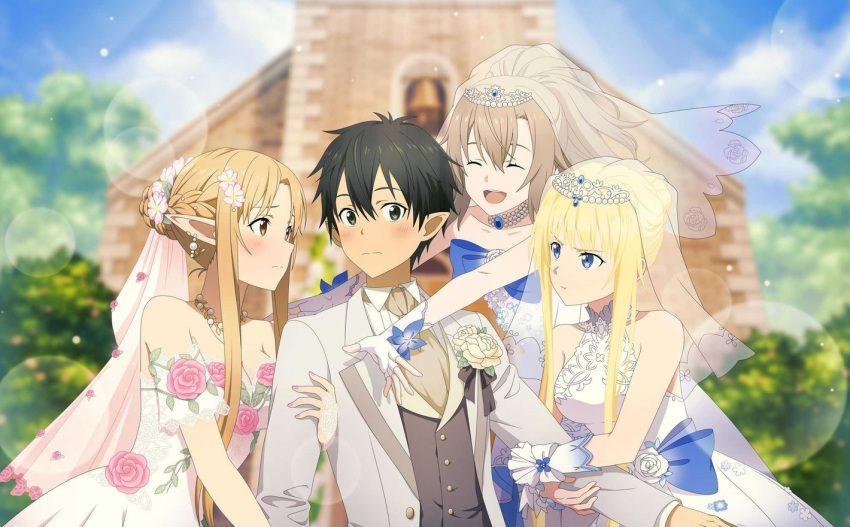 1boy 3girls :d ^_^ alice_zuberg arm_grab asuna_(stacia) black_eyes blonde_hair blue_eyes blurry blurry_background blush breasts bridal_veil brown_eyes brown_hair cleavage closed_eyes closed_mouth collarbone day diadem dress earrings eydis_(sao) fingerless_gloves flower gloves grey_vest jacket jewelry kirito lens_flare long_hair long_sleeves looking_at_another medium_breasts multiple_girls necklace open_clothes open_jacket open_mouth outdoors pink_flower pink_rose pointy_ears rose shirt short_hair_with_long_locks sidelocks sleeveless sleeveless_dress smile strapless strapless_dress sword_art_online veil very_long_hair vest wedding_dress white_dress white_gloves white_jacket white_shirt